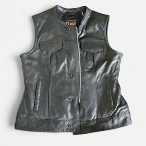 Women's First Mfg Co Black Leather Motorcycle Vest - Sz Lg